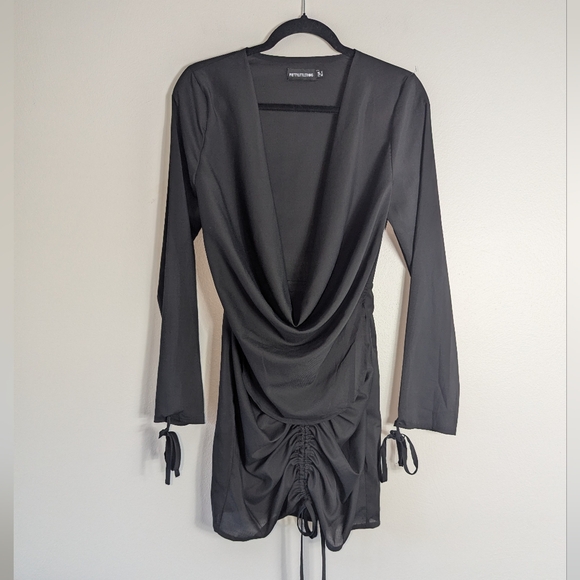 4 PRETTYLITTLETHING Black Draped Ruched Mini Dress - Picture 1 of 4